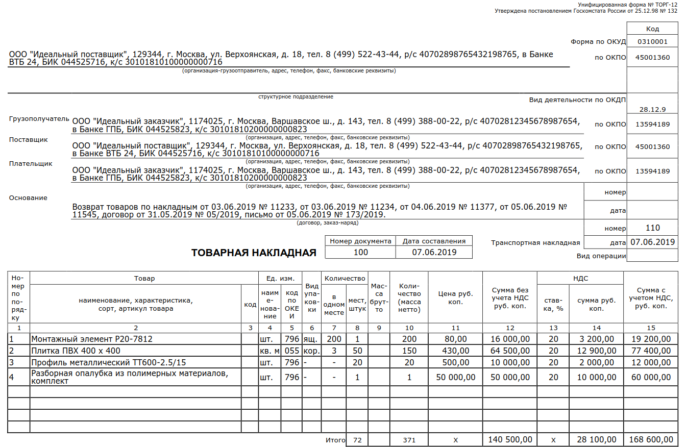 Товарная накладная по форме торг 12 образец