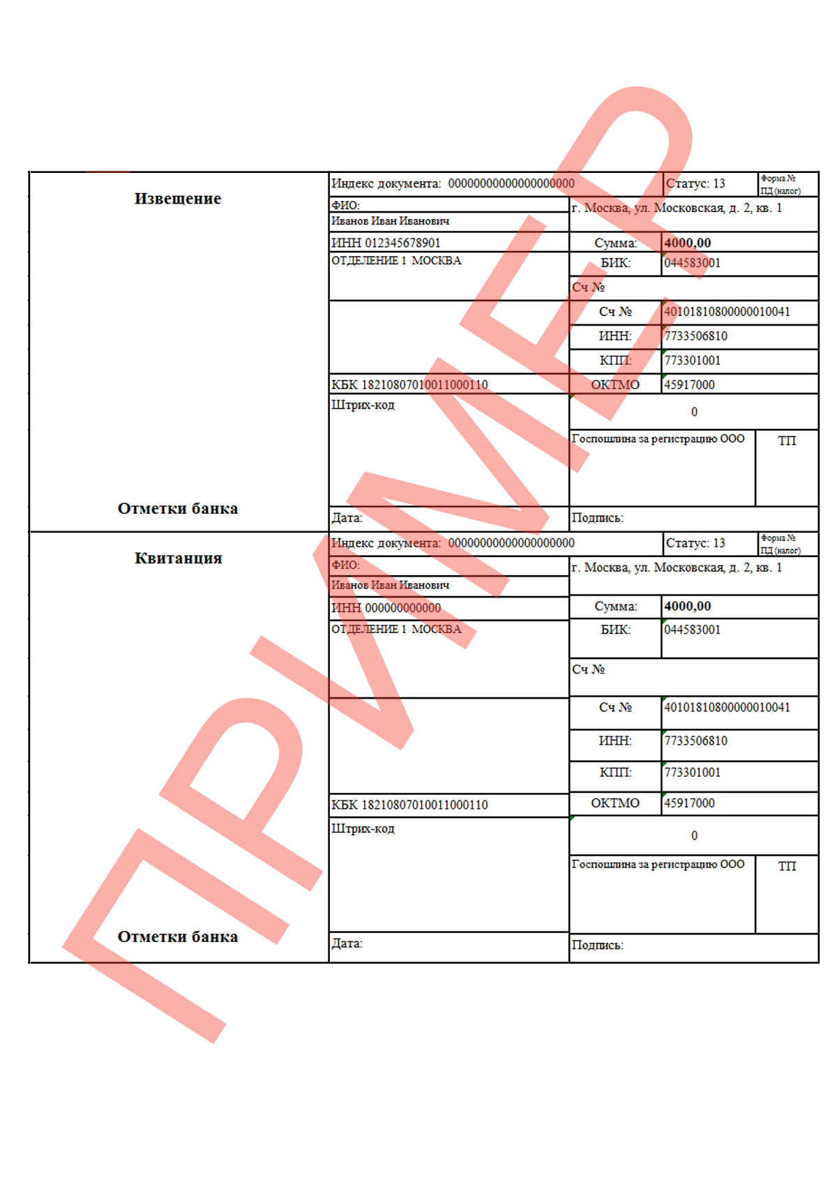 Квитанция об оплате госпошлины ооо образец